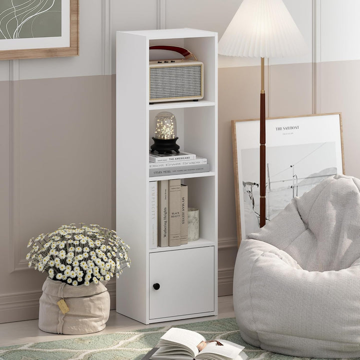 Furinno Luder Bücherregal mit 4 Ablagen und 1 Tür, weiss, 4-Tier Weiss 4-Tier with 1 Door, Weiss 4-T