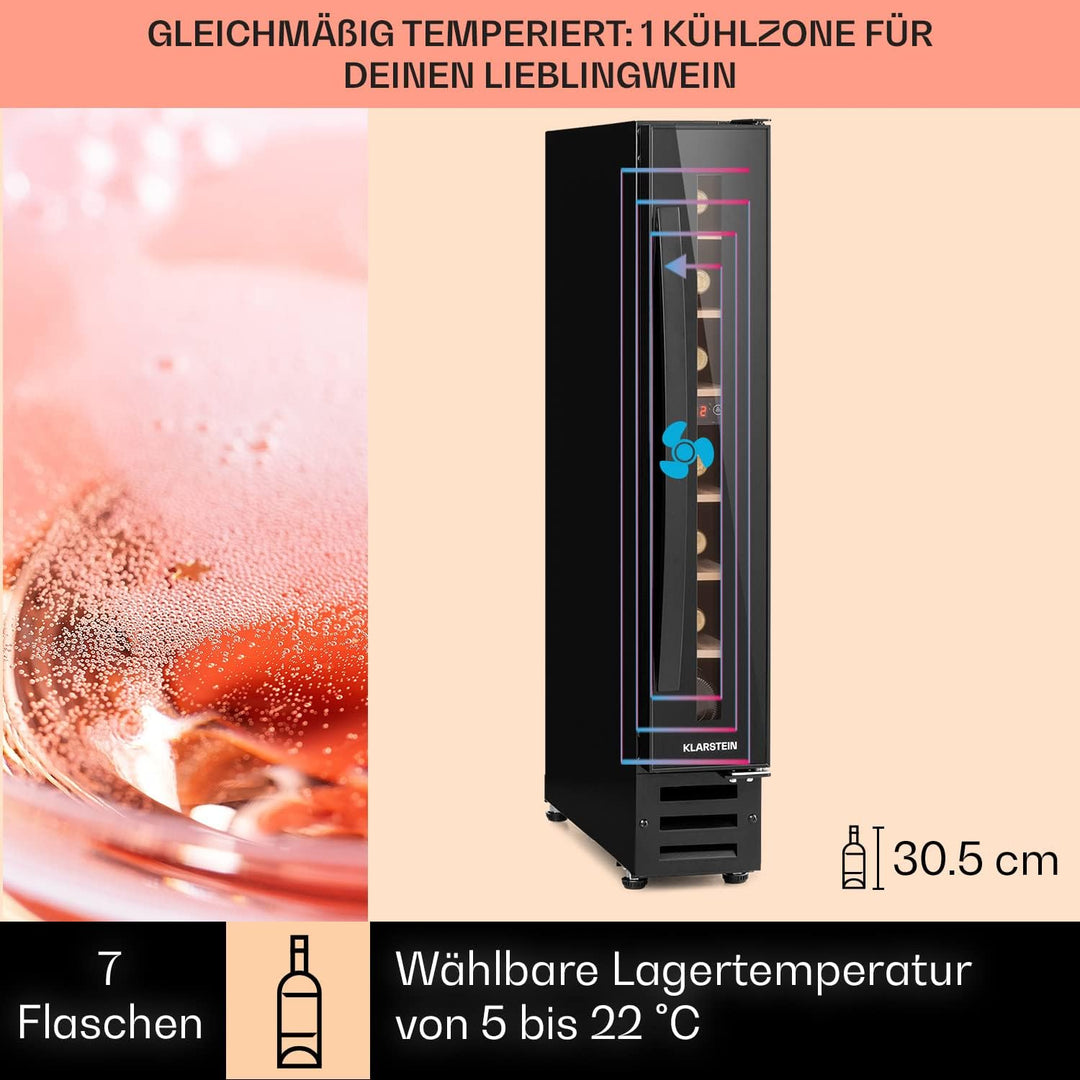 Klarstein Weinkühlschrank, 1 Zonen Getränkekühlschrank, Kleiner Einbau-Weinschrank Schmal, 20L Wein-