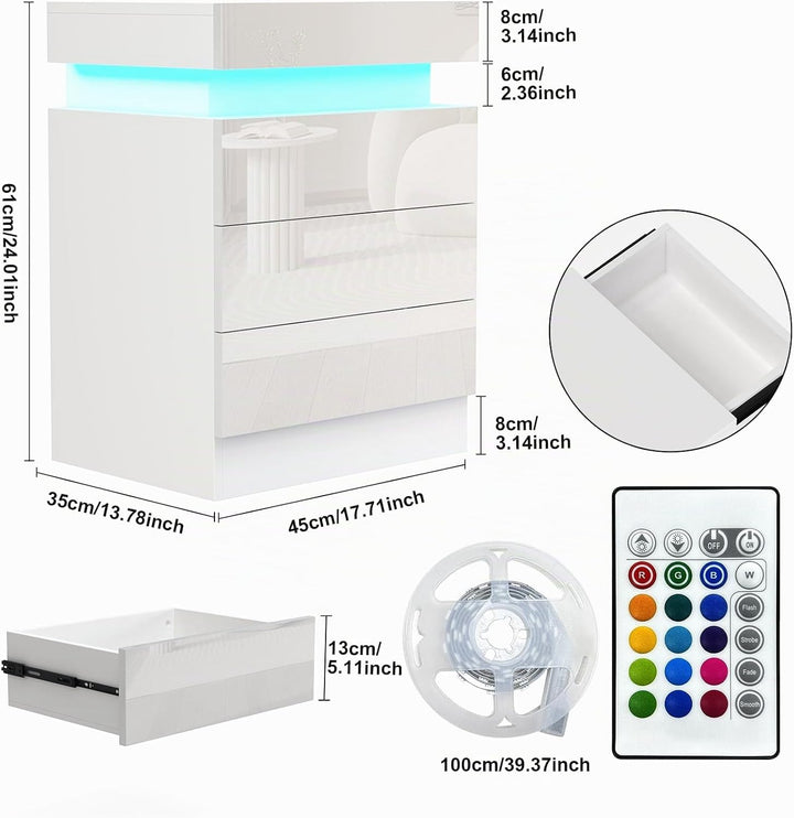PIPIPOXER Nachttisch Weiss mit LED, Hochglanz Nachtschrank mit 3 Schubladen und Versteckte Obere Sch