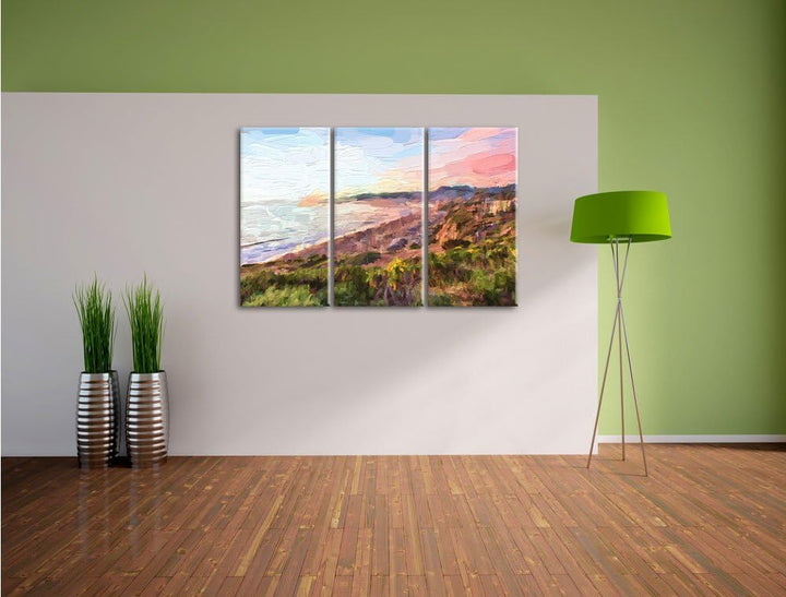 Pixxprint Küste und Strand mit Häusern als Leinwandbild/Grösse: 3 Teilig (120x80) cm/Wandbild/Kunstd