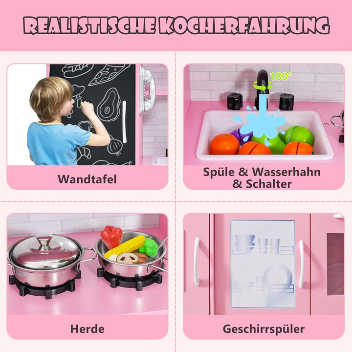 COSTWAY Kinderküche mit 10 Spielzubehör, Spielküche Kinder mit Tafel, Spielzeugküche mit Mikrowelle