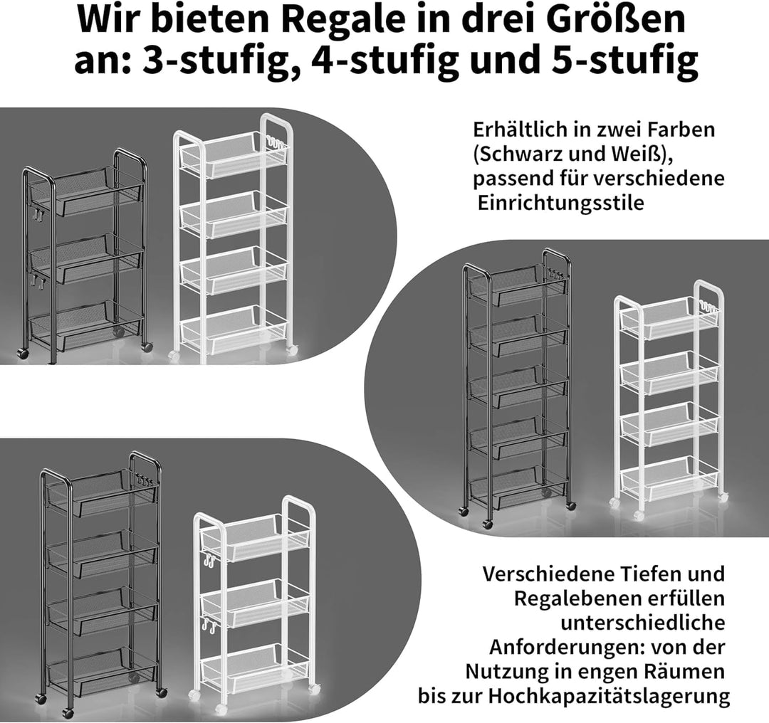 Rollwagen Metall Servierwagen,Küchenwagen,Küche,360° drehbare Räder,Aufbewahrungswagen mit 3/4/5 Ebe