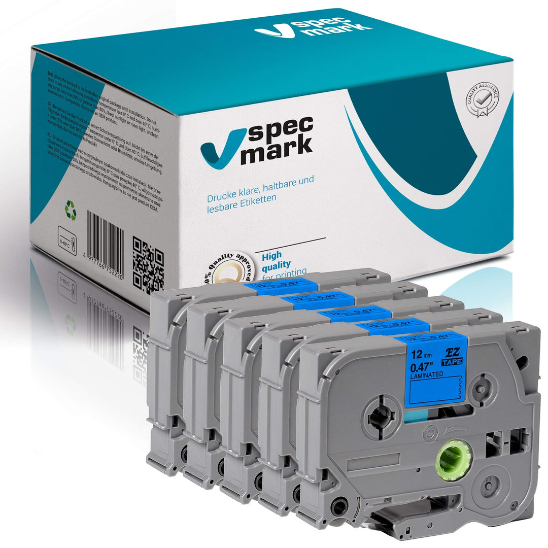 specmark Schriftband TZe-535 12mm x 8m Satz x 5 St. Weiss auf Blau Band kompatibel mit allen Drucker