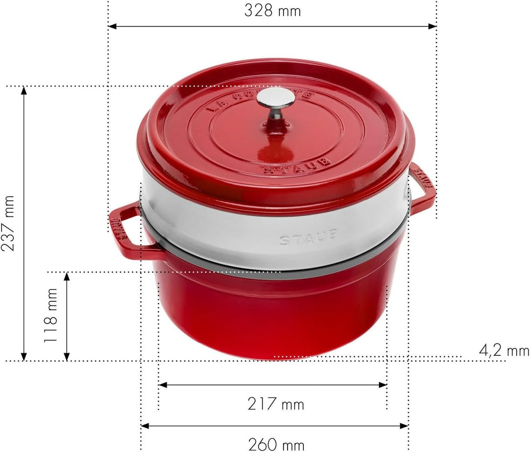 STAUB Gusseisen Bräter/Cocotte, mit Dämpfeinsatz, Rund 26 cm, 5,2 L, Aromaregen Funktion, Für alle H