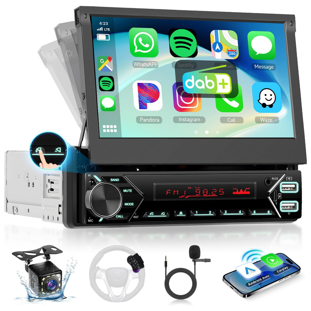 Hodozzy DAB Autoradio 1 Din Wireless Carplay Android Auto mit Automatisch Einziehbarem 7 Zoll Bildsc