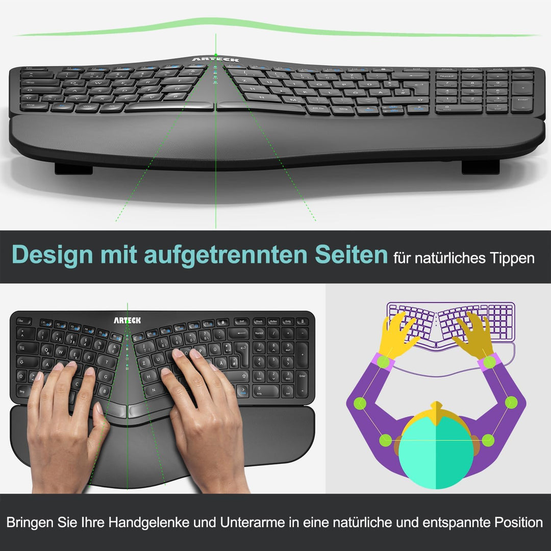 Arteck ergonomisches Split Tastatur mit gepolsterter Handgelenkauflage, 2.4G USB Kabellose Komfortab