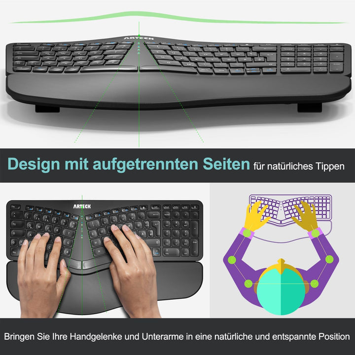 Arteck ergonomisches Split Tastatur mit gepolsterter Handgelenkauflage, 2.4G USB Kabellose Komfortab