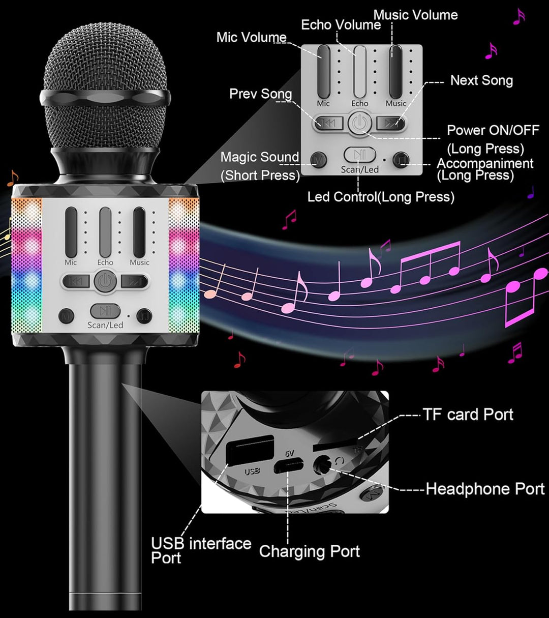 Karaoke Mikrofon, Drahtloses Bluetooth Mikrofon Kinder mit LED, Tragbares Karaoke Maschine zum Singe