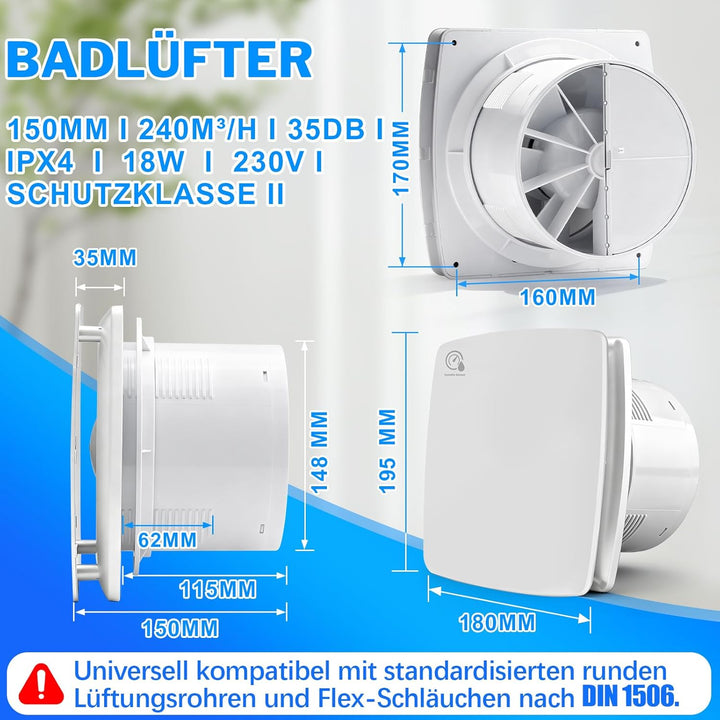 Ø150mm Badlüfter mit Feuchtigkeitssensor & Nachlauf [18W - IPX4-35db] Leiser Abluftventilator mit Rü