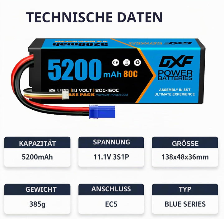 DXF 3S LiPo Akku 11.1V 80C 5200mAh Hardcase Batterie mit EC5 Steck für RC Auto, RC Flugzeug, RC Hubs