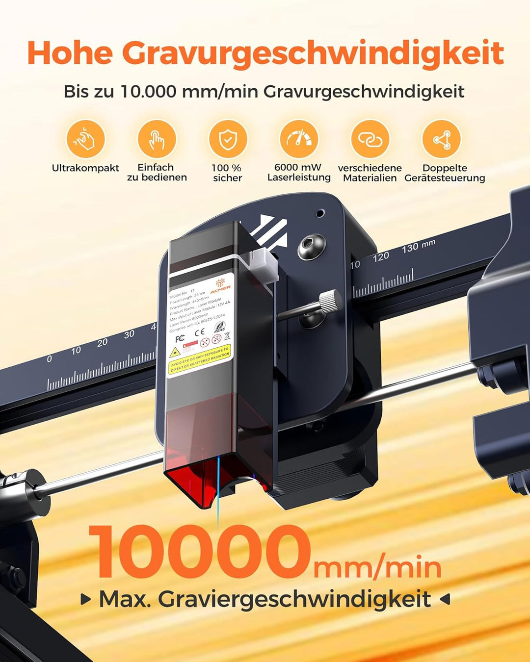 Acmer T1 3,5W Laser Gravur Maschine,Kompakter Laser Cutter für Werkstatt,130×130mm,10000 mm/min,0,01