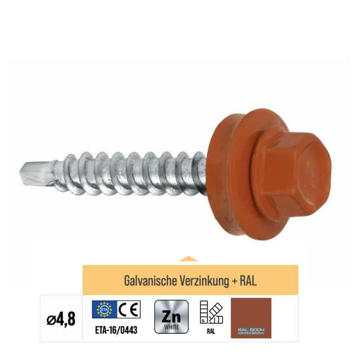 Bohrschrauben 4,8 х 55 mm 200 Stück RAL: 8004 - Kupferbraun Trapezblechschrauben - 03130255