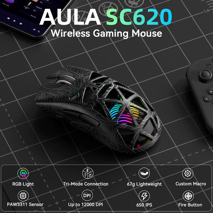 AULA SC620 Kabellose Gaming Maus,BT5.0/2.4G/USB-C,mit PixArt PAW3311-Sensor,12000DPI,8KHz,Feuertaste