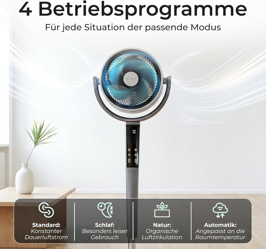 KLAMER 3D Standventilator leise mit Fernbedienung, Ventilator mit 15 Geschwindigkeitsstufen, 4 Windm