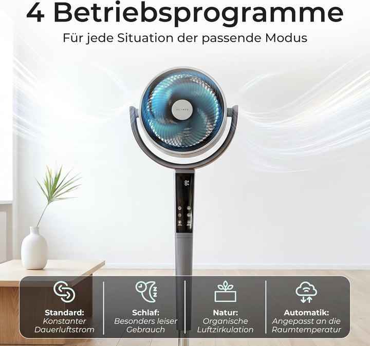 KLAMER 3D Standventilator leise mit Fernbedienung, Ventilator mit 15 Geschwindigkeitsstufen, 4 Windm