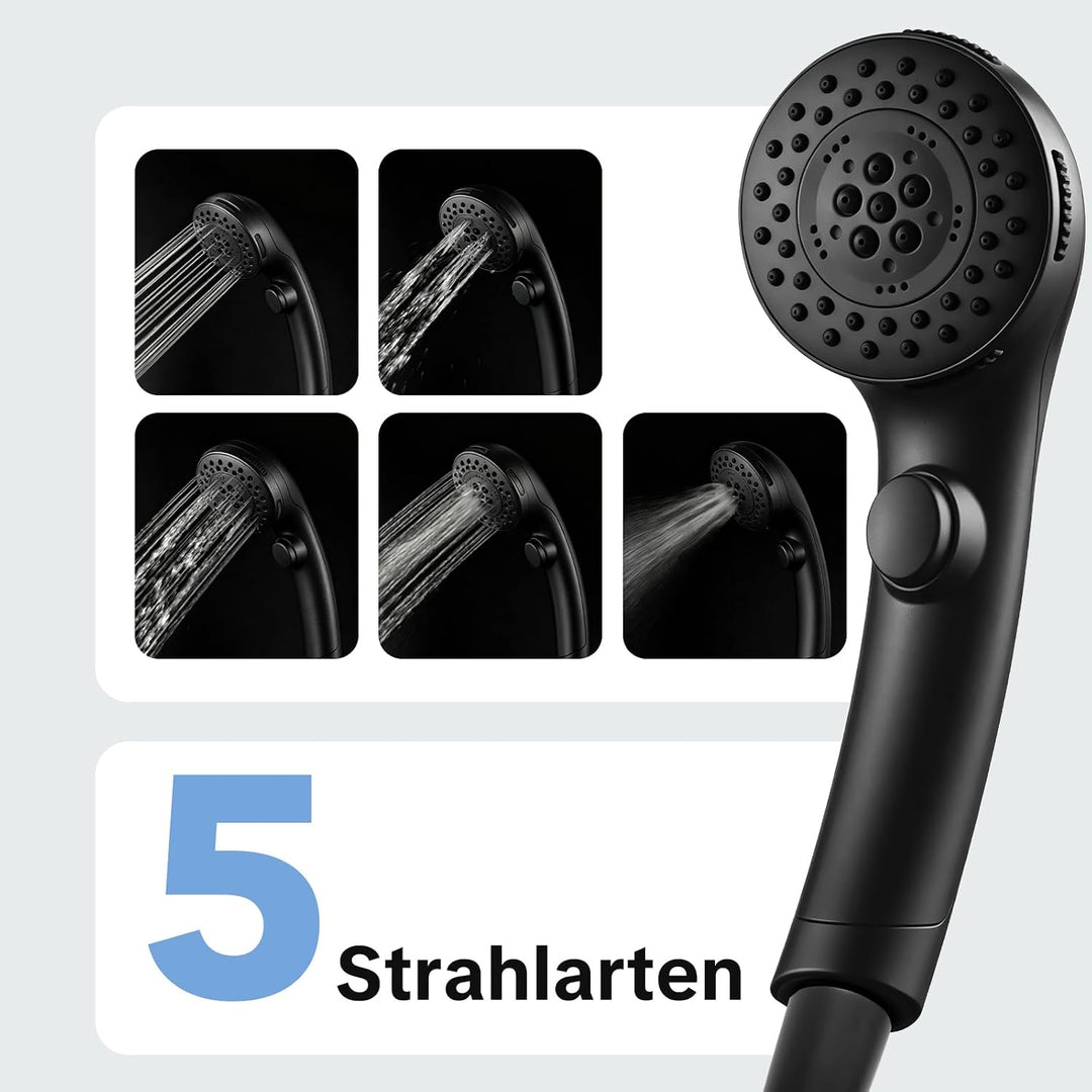 OFFO Duschkopf mit Duschschlauch 1,6m, Stoppfunktion Brausekopf Dusche mit 5 Strahlarten, Wasserspar