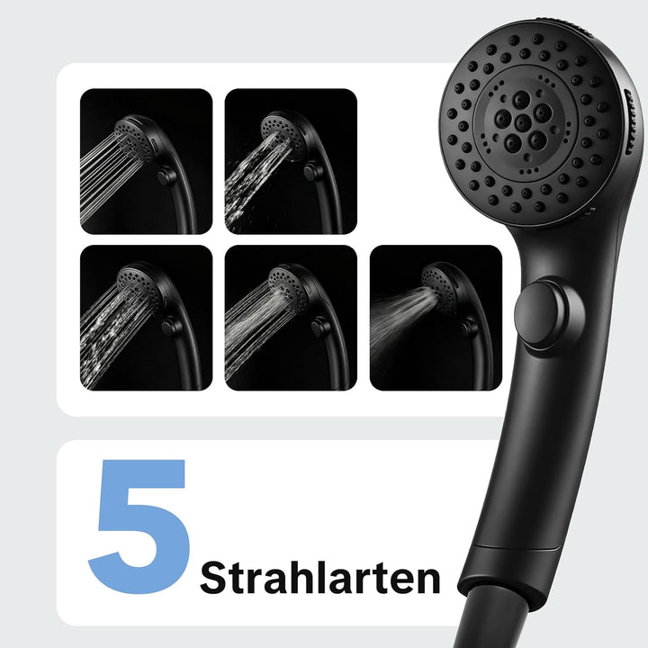 OFFO Duschkopf mit Duschschlauch 1,6m, Stoppfunktion Brausekopf Dusche mit 5 Strahlarten, Wasserspar