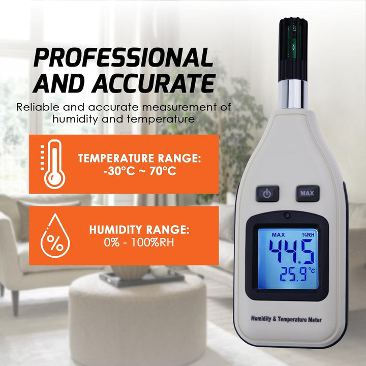 Handheld Digitaler Feuchtigkeits- und Temperaturmessgerät 0~100% RH / -30~70 ° C (-22~158 ° F) 3,7 c