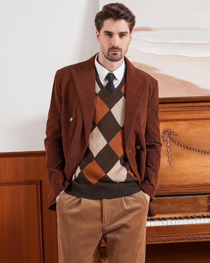 Kallspin Herren Argyle Gestrickt Ärmellos Pullover Wollmischung V-Ausschnitt Strickwesten XXL Braun,