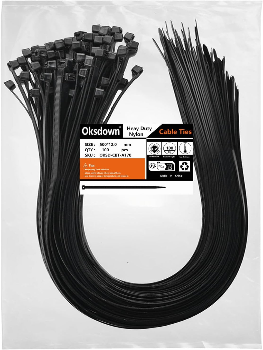 Oksdown 500mm × 12,0mm Breit 100 Stück Extra Stark Kabelbinder mit 100 kg Zugfestigkeit Schwarz UV-B