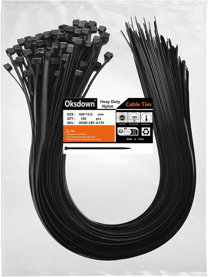 Oksdown 500mm × 12,0mm Breit 100 Stück Extra Stark Kabelbinder mit 100 kg Zugfestigkeit Schwarz UV-B