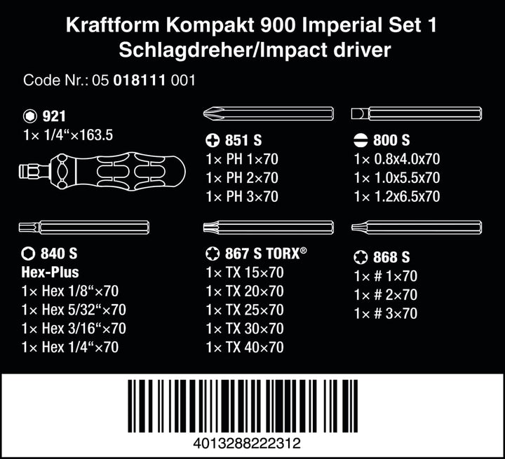 Wera 05018111001 Kraftform Kompakt 900 Imperial Set 1, Schlagschraubendreher-Satz, 19-teilig, Schwar
