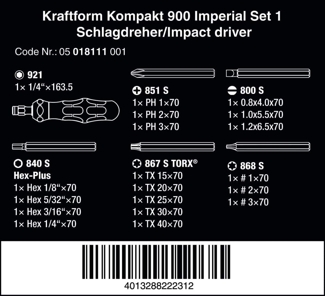 Wera 05018111001 Kraftform Kompakt 900 Imperial Set 1, Schlagschraubendreher-Satz, 19-teilig, Schwar