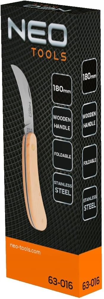 NEO TOOLS Montage-Sichelmesser, Holzschalen, klappbarer Körper | Klingenlänge 80 mm, Klinge aus rost