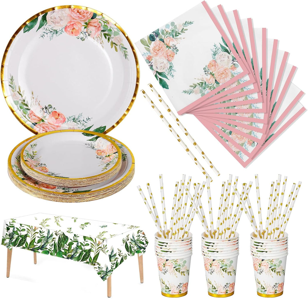Nkaiso Blumen Partygeschirr Set 126 Stück Party Geschirrset mit Blumen Pappteller, Pappbecher, Servi