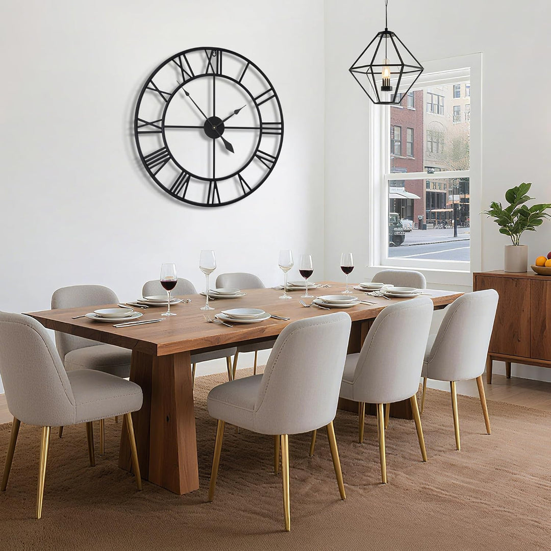 HAITANG 80cm grosse Wanduhr, übergross modernes rundes, schwarz Metall geräuschlos, Fast Nicht ticke