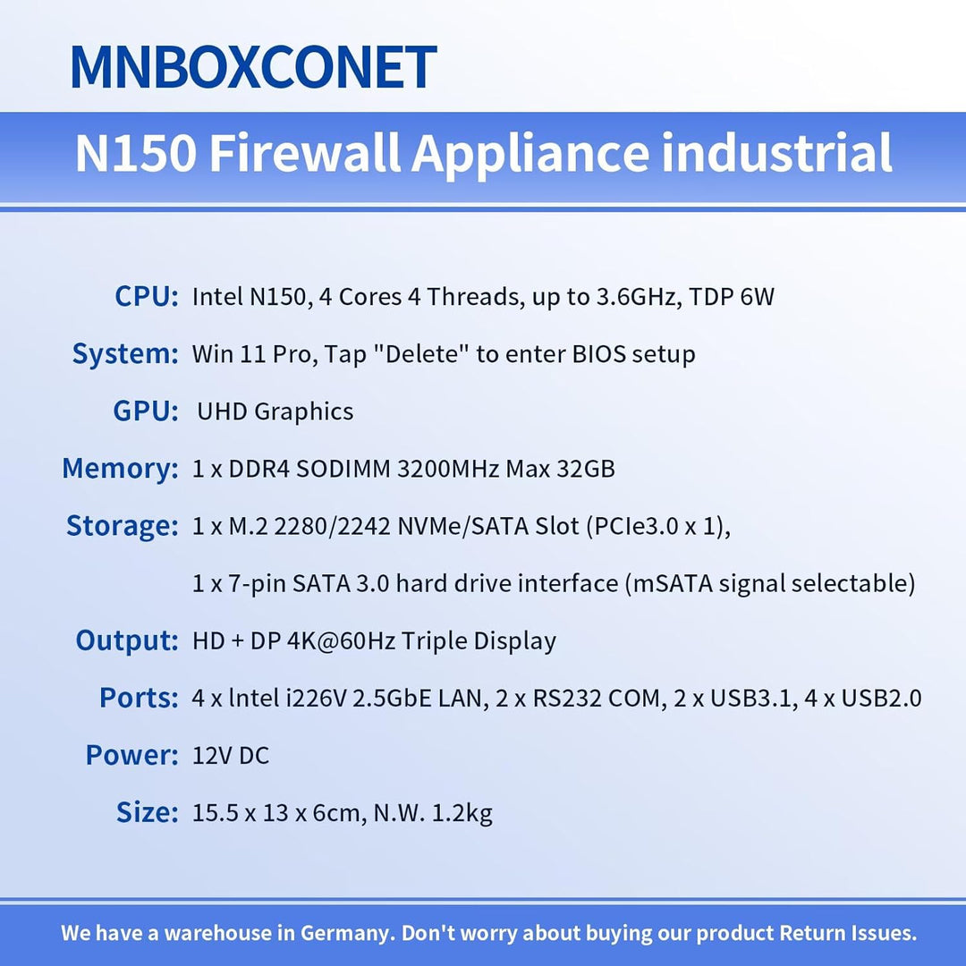 Lüfterlos Mini PC N150 Firewall Appliance Industrial Micro Büro, 4 x 2.5Gbit LAN + 2 RS232 Com, 8GB