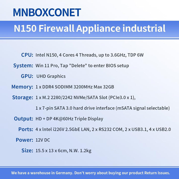Lüfterlos Mini PC N150 Firewall Appliance Industrial Micro Büro, 4 x 2.5Gbit LAN + 2 RS232 Com, 8GB
