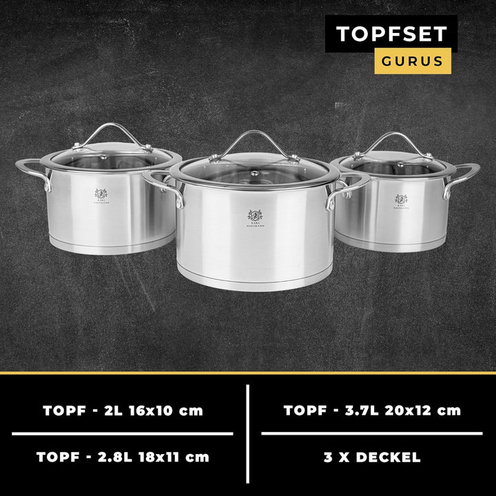 Topfset Induktion 3-teilig, Kochtopf Set mit Glasdeckel, Edelstahl mattiert, Induktions Töpfe Set un