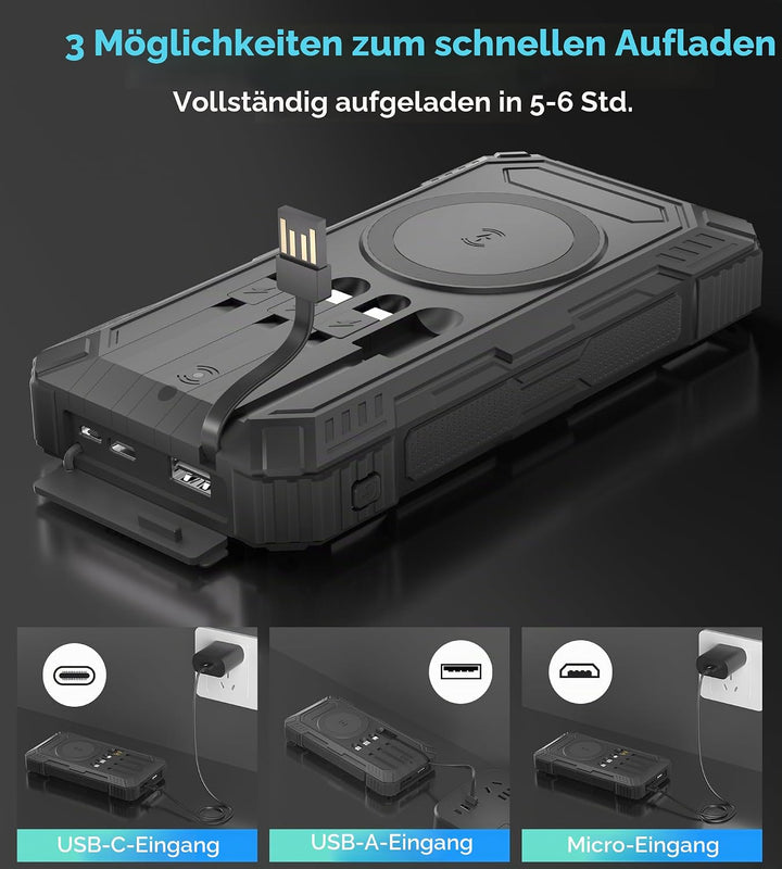 Solar Powerbank 56800mAh, 30W Solarladegeräte PD 3.0A USB C Schnellladen mit 4 Kabeln, 3 Port (2 USB
