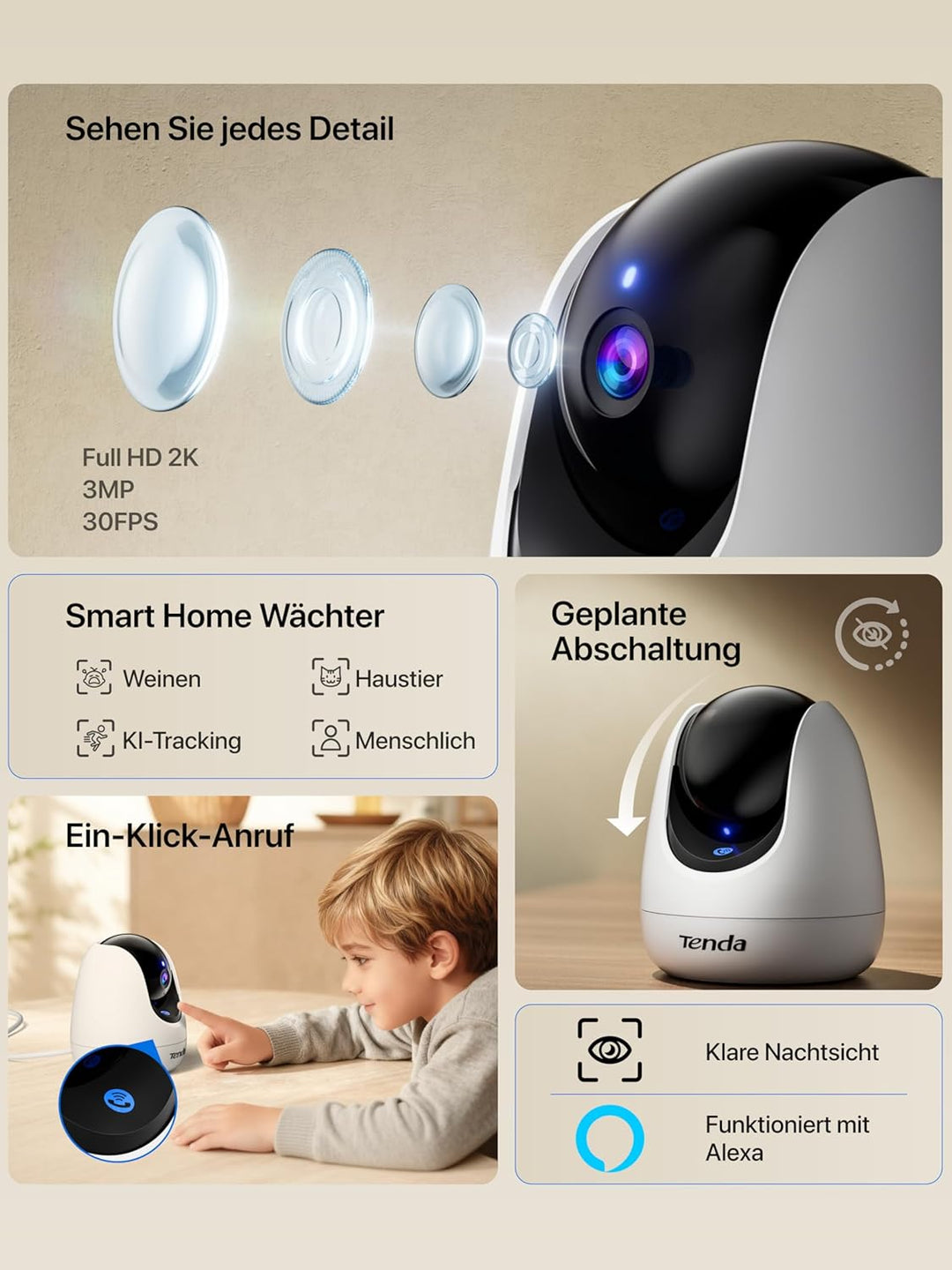 Tenda CP3 Überwachungskamera Innen, 1080p WLAN IP Kamera mit 2-Wege-Audio, 360°/155° drehbar, 12m Na