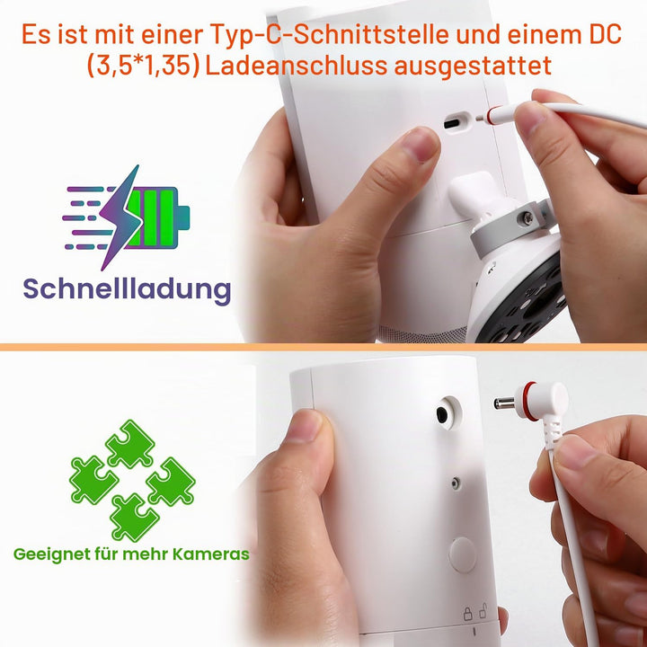 Solarmodul-Ladegerät mit zwei Steckern,DC 3,5x1,35 und USB-C,3m Ladekabel, IP65, kompatibel mit Ring