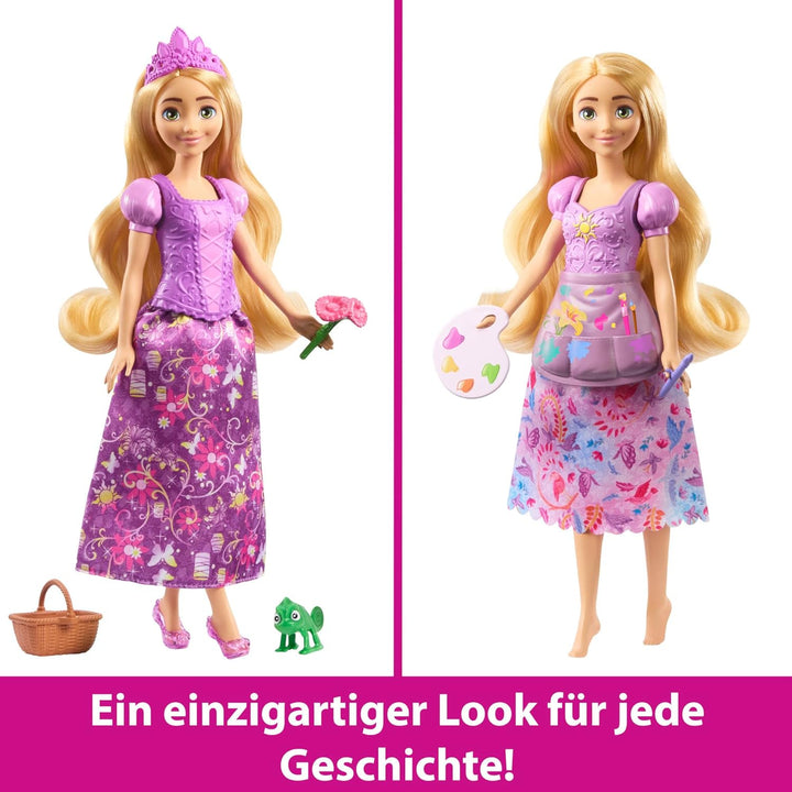 Mattel Disney-Princess-Spielzeuge, Rapunzel-Modepuppe mit 2 Looks, 9 Accessoires, 2 Oberteilen zum A