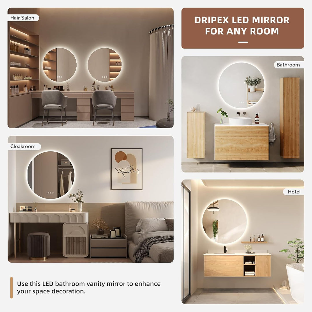 Dripex Badezimmerspiegel Led Badspiegel Rund, Touch-Schalter, Dimmbar, 3 Lichtfarbe Einstellbare Spi