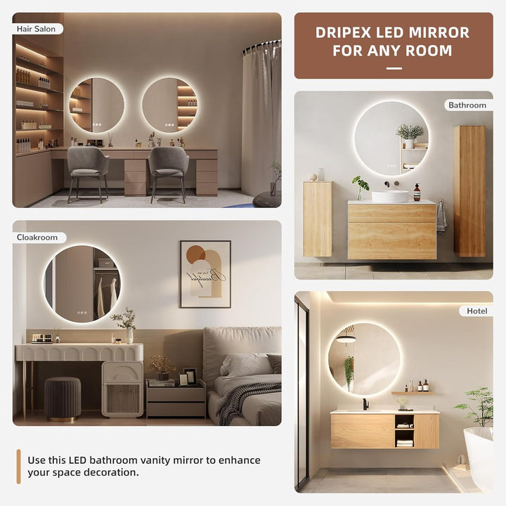 Dripex Badezimmerspiegel Led Badspiegel Rund, Touch-Schalter, Dimmbar, 3 Lichtfarbe Einstellbare Spi