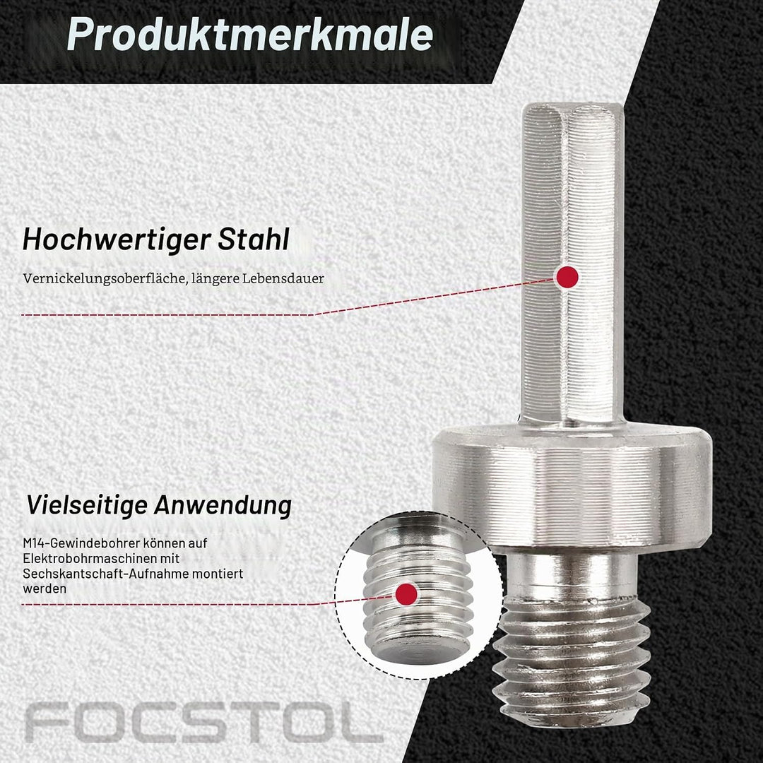 FOCSTOL Adapter für Diamant Fliesenbohrer - 2 Stück M14 Gewinde auf 10mm Sechskantschaft Adapter für