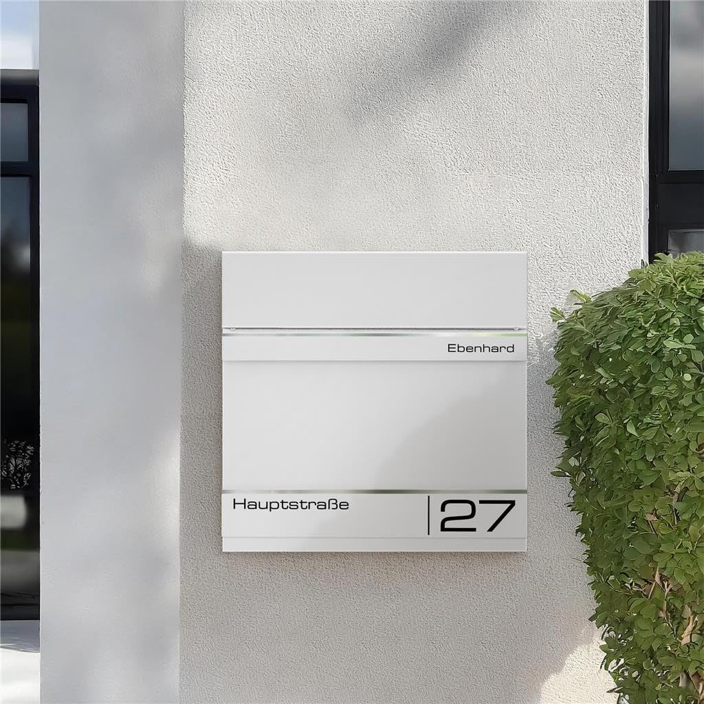 Metzler Briefkasten Weiss - Postkasten mit individueller Laser Gravur - RAL9016 Verkehrsweiss - Wand