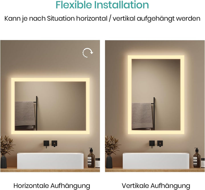 EMKE® Badspiegel mit Beleuchtung 70x50cm Badezimmerspiegel 3000K Warmweiss Wandschalter Vertikal/Hor