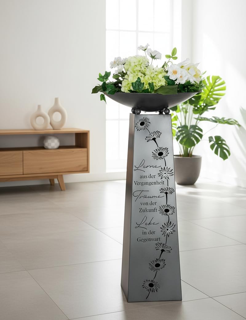 MF Dekorativer Metallständer mit Schale, Antik-Grau, 102 cm, Blumendesign mit Spruch 'Lerne Träume L