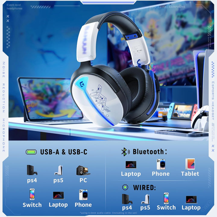 Gaming Headset Wireless, Headset mit Mikrofon für ps5 ps4, PC, Switch, Bluetooth 5.3, 7.1 Surround S
