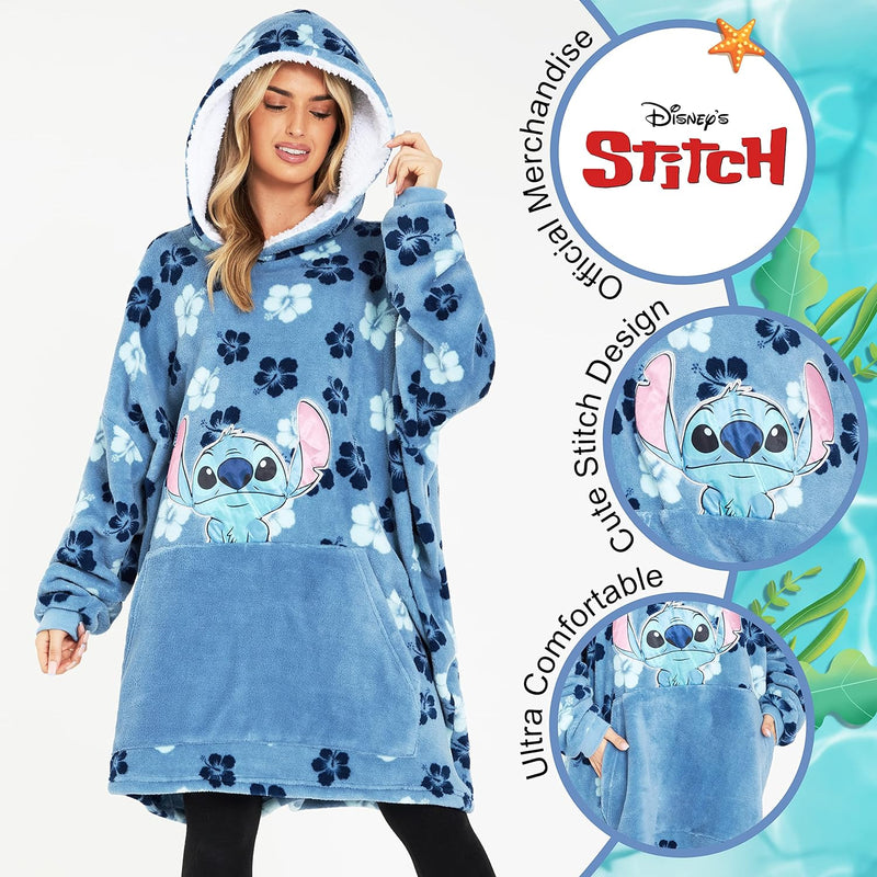 Disney Übergrosse Hoodie Decke Damen Stitch Oversized Kapuzenpullover Madchen Blau