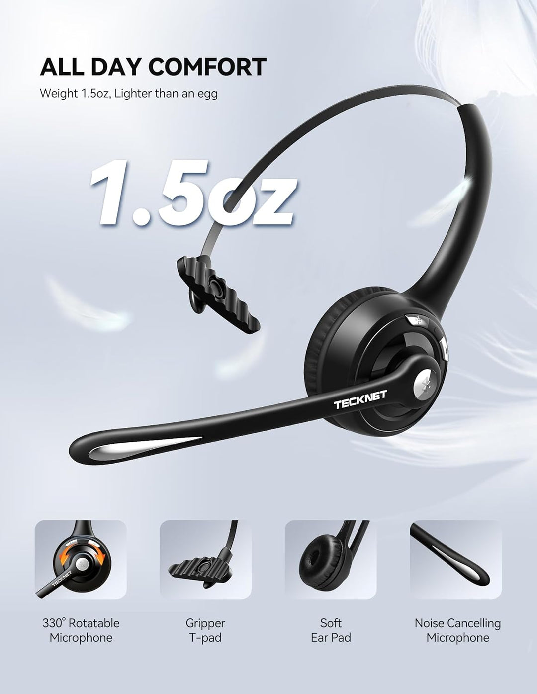TECKNET Bluetooth Headset mit Mikrofon & USB Dongle, kabelloses PC Headset, Rauschunterdrückung und