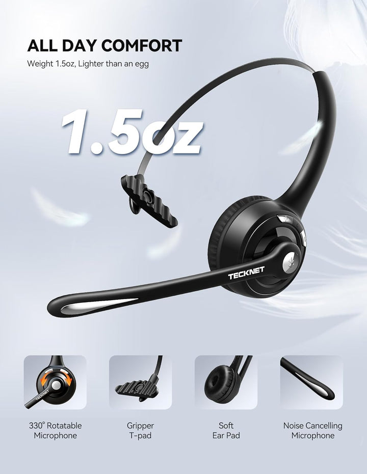 TECKNET Bluetooth Headset mit Mikrofon & USB Dongle, kabelloses PC Headset, Rauschunterdrückung und