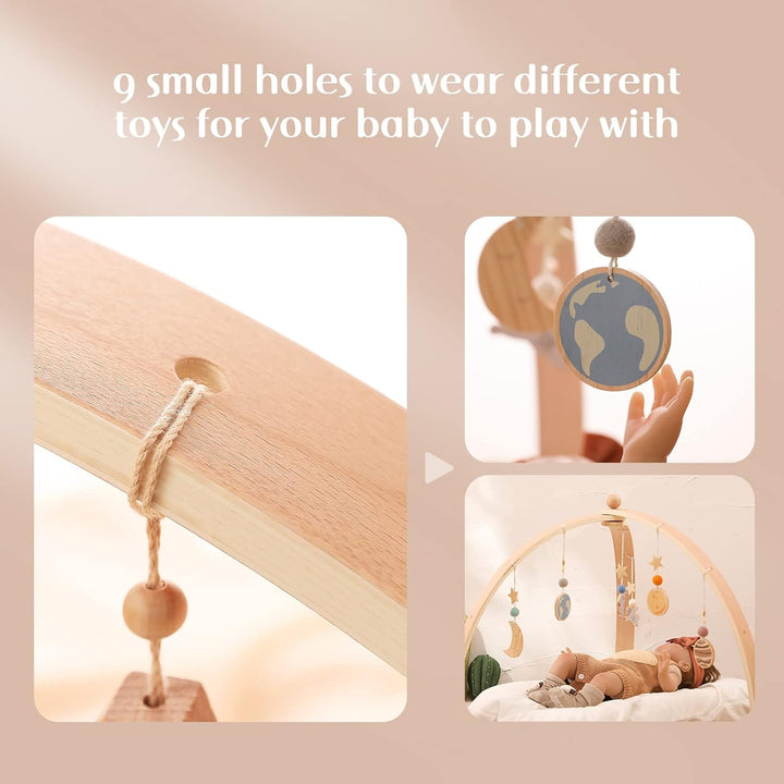 WOODEN TEETHER Spielbogen Baby aus Holz mit 5 abnehmbaren sensorischen Spielzeugen | Montessori Spie