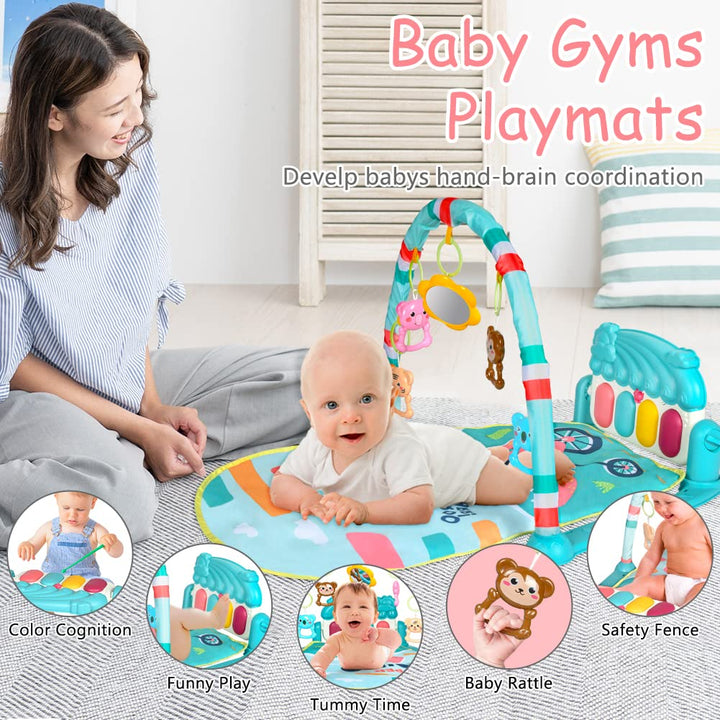 AOMIG Piano-Gym Spieldecke, Krabbeldecke mit Musik und Lichtern, Spielmatte mit Spielbogen abnehmbar