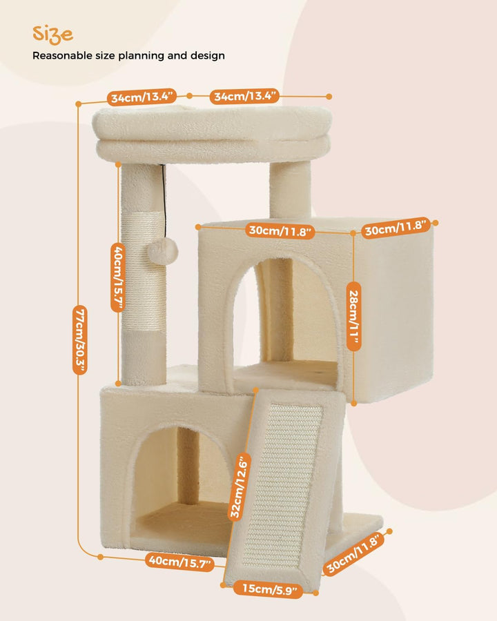 PETEPELA Kratzbaum mit Dual Condos für Wohnungskatzen, All-in-One-Katzenhaus mit gepolsterter Sitzst